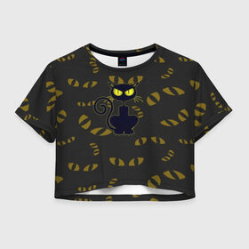 Женская футболка Cropp-top с принтом Смотрящий кот в Белгороде, 100% полиэстер | круглая горловина, длина футболки до линии талии, рукава с отворотами | Тематика изображения на принте: 3d | абстракция | анимация | глаза | желтые | смотрящий  кот | черный