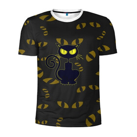 Мужская футболка 3D спортивная с принтом Смотрящий  кот в Белгороде, 100% полиэстер с улучшенными характеристиками | приталенный силуэт, круглая горловина, широкие плечи, сужается к линии бедра | 3d | абстракция | анимация | глаза | желтые | смотрящий  кот | черный