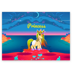 Поздравительная открытка с принтом Единорог принцессы в Белгороде, 100% бумага | плотность бумаги 280 г/м2, матовая, на обратной стороне линовка и место для марки
 | pony | грива | девочка | единорог | конь | копыта | красивая | лошадка | лошадь | милая | пони | природа закат | радуга