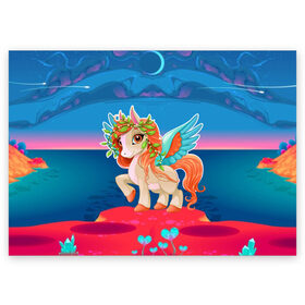 Поздравительная открытка с принтом Милый единорог в Белгороде, 100% бумага | плотность бумаги 280 г/м2, матовая, на обратной стороне линовка и место для марки
 | pony | грива | девочка | единорог | конь | копыта | красивая | лошадка | лошадь | милая | пони | природа закат | радуга