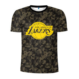 Мужская футболка 3D спортивная с принтом Los Angeles Lakers Camo Gold в Белгороде, 100% полиэстер с улучшенными характеристиками | приталенный силуэт, круглая горловина, широкие плечи, сужается к линии бедра | Тематика изображения на принте: 