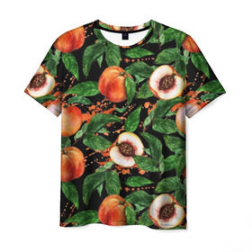 Мужская футболка 3D с принтом Персики в Белгороде, 100% полиэфир | прямой крой, круглый вырез горловины, длина до линии бедер | Тематика изображения на принте: аромат | зелень | лето | листья | персик | плоды | сад | сочный | спелый | фрукты | цветы