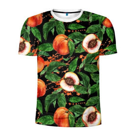 Мужская футболка 3D спортивная с принтом Персики в Белгороде, 100% полиэстер с улучшенными характеристиками | приталенный силуэт, круглая горловина, широкие плечи, сужается к линии бедра | аромат | зелень | лето | листья | персик | плоды | сад | сочный | спелый | фрукты | цветы