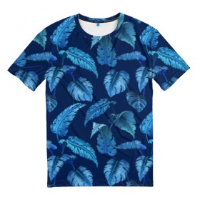 Мужская футболка 3D с принтом Листья. Ночные тропики в Белгороде, 100% полиэфир | прямой крой, круглый вырез горловины, длина до линии бедер | абстракция | зелень | листья | ночь | природа | растение | тропики | цветы