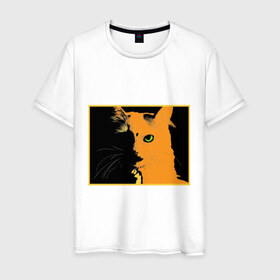 Мужская футболка хлопок с принтом кот в Белгороде, 100% хлопок | прямой крой, круглый вырез горловины, длина до линии бедер, слегка спущенное плечо. | белая | кот | котики | коты | кошка | кошки | толстовка