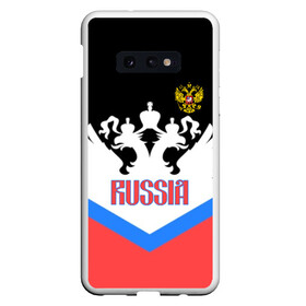 Чехол для Samsung S10E с принтом HOCKEY RUSSIA в Белгороде, Силикон | Область печати: задняя сторона чехла, без боковых панелей | Тематика изображения на принте: hockey | russia | sport | герб | надписи | россия | сборная хоккея | символика | спорт | спортсмен | триколор | форма | хоккей | чемпионат | я русский