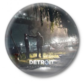 Значок с принтом DETROIT:BECOME HUMAN в Белгороде,  металл | круглая форма, металлическая застежка в виде булавки | action | ai | android | connor | dbhpk19 | detroit become human | game | rk 800 | rk 900 | андроиды | детектив | игра | игры | интерактивное кино | кара | коннор | логотип | маркус | роботы | фирменный стиль | экшн