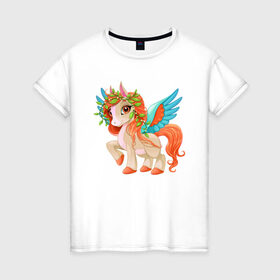 Женская футболка хлопок с принтом Принцесса единорог в Белгороде, 100% хлопок | прямой крой, круглый вырез горловины, длина до линии бедер, слегка спущенное плечо | pony | грива | девочка | единорог | конь | копыта | красивая | лошадка | лошадь | милая | пони | природа закат | радуга