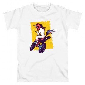 Мужская футболка хлопок с принтом Мотоциклист Единорог в Белгороде, 100% хлопок | прямой крой, круглый вырез горловины, длина до линии бедер, слегка спущенное плечо. | unicorn | единорог | мотоцикл
