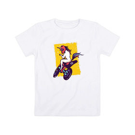 Детская футболка хлопок с принтом Мотоциклист Единорог в Белгороде, 100% хлопок | круглый вырез горловины, полуприлегающий силуэт, длина до линии бедер | unicorn | единорог | мотоцикл