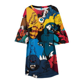 Детское платье 3D с принтом Годзилла в Белгороде, 100% полиэстер | прямой силуэт, чуть расширенный к низу. Круглая горловина, на рукавах — воланы | godzilla | king of the monsters | годзила | годзилла 2 | король монстров