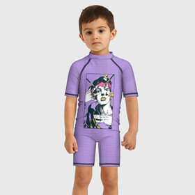 Детский купальный костюм 3D с принтом Kishibe Rohan in Purple в Белгороде, Полиэстер 85%, Спандекс 15% | застежка на молнии на спине | diamond is unbreakable | heavens door | jjba | jojo | kishibe | rohan