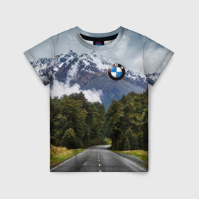 Детская футболка 3D с принтом BMW в Белгороде, 100% гипоаллергенный полиэфир | прямой крой, круглый вырез горловины, длина до линии бедер, чуть спущенное плечо, ткань немного тянется | asphalt | bmw | clouds | forest | mountains | nature | road | route | sky | snow | top | асфальт | бмв | вершина | горы | дорога | лес | небо | облака | природа | снег | трасса