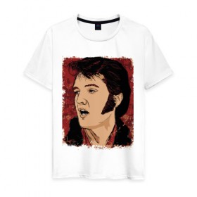 Мужская футболка хлопок с принтом Элвис Пресли в Белгороде, 100% хлопок | прямой крой, круглый вырез горловины, длина до линии бедер, слегка спущенное плечо. | американский. певец. актёр. король рок н ролл