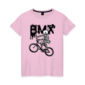 Женская футболка хлопок с принтом BMX в Белгороде, 100% хлопок | прямой крой, круглый вырез горловины, длина до линии бедер, слегка спущенное плечо | bike | bmx | bones | extreme | skeleton | skull | sport | велосипед | скелет | спорт | череп | экстрим