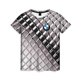Женская футболка 3D с принтом BMW в Белгороде, 100% полиэфир ( синтетическое хлопкоподобное полотно) | прямой крой, круглый вырез горловины, длина до линии бедер | bmw | metal | pattern | prestige | бмв | металл | престиж | узор