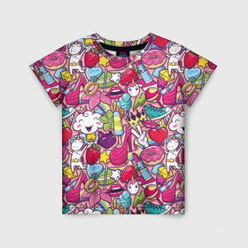 Детская футболка 3D с принтом Девчачьи радости в Белгороде, 100% гипоаллергенный полиэфир | прямой крой, круглый вырез горловины, длина до линии бедер, чуть спущенное плечо, ткань немного тянется | cat | clou | crown | flower | funny | graffiti | heart | kitten | lips | lollipop | shoes | sneakers | strawberry | unicorn | граффити | губы | единорог | звезда | кеды | клубника | корона | кот | котёнок | леденец | мороженое | облако | обувь | помада | 