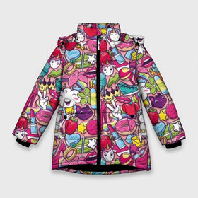 Зимняя куртка для девочек 3D с принтом Девчачьи радости в Белгороде, ткань верха — 100% полиэстер; подклад — 100% полиэстер, утеплитель — 100% полиэстер. | длина ниже бедра, удлиненная спинка, воротник стойка и отстегивающийся капюшон. Есть боковые карманы с листочкой на кнопках, утяжки по низу изделия и внутренний карман на молнии. 

Предусмотрены светоотражающий принт на спинке, радужный светоотражающий элемент на пуллере молнии и на резинке для утяжки. | cat | clou | crown | flower | funny | graffiti | heart | kitten | lips | lollipop | shoes | sneakers | strawberry | unicorn | граффити | губы | единорог | звезда | кеды | клубника | корона | кот | котёнок | леденец | мороженое | облако | обувь | помада | 