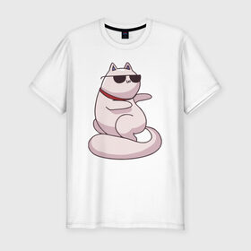 Мужская футболка премиум с принтом Крутой кот в Белгороде, 92% хлопок, 8% лайкра | приталенный силуэт, круглый вырез ворота, длина до линии бедра, короткий рукав | кот | котики | котяра | кошка | милый | паттерн | прикольный | пушистик | рыжий | смешной