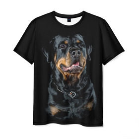 Мужская футболка 3D с принтом Ротвейлер в Белгороде, 100% полиэфир | прямой крой, круглый вырез горловины, длина до линии бедер | animal | black | breed | collar | dog | friend | glance | gloss | man | muzzle | rottweiler | взгляд | друг | животное | лоск | ошейник | пёс | порода | ротвейлер | собака | человека | черный