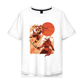 Мужская футболка хлопок Oversize с принтом Битва Единорогов в Белгороде, 100% хлопок | свободный крой, круглый ворот, “спинка” длиннее передней части | unicorn | единорог | ниндзя | самураи | самурай | япония