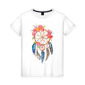 Женская футболка хлопок с принтом Ловец снов в Белгороде, 100% хлопок | прямой крой, круглый вырез горловины, длина до линии бедер, слегка спущенное плечо | ловец снов | магия | перья | цветы