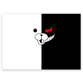Поздравительная открытка с принтом MONOKUMA (КАПЮШОН) | МОНОКУМА в Белгороде, 100% бумага | плотность бумаги 280 г/м2, матовая, на обратной стороне линовка и место для марки
 | anime | bear | black  white | danganronpa | kurokuma | monodam | monokuma | monomi | monotaro | pink | rabbit | school | shirokuma | аниме | главарь | мoноми | монокума | черно белый | школа