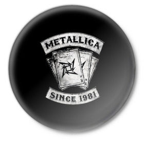 Значок с принтом Metallica в Белгороде,  металл | круглая форма, металлическая застежка в виде булавки | album | black | concert | heavy | kirk | metal | metallica | music | rock | tolls | джеймс хэтфилд | кирк хэмметт | клифф бёртон | ларс ульрих | метал | металлика | трэш
