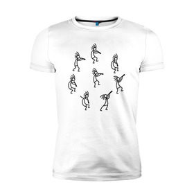 Мужская футболка премиум с принтом Кокопелли в Белгороде, 92% хлопок, 8% лайкра | приталенный силуэт, круглый вырез ворота, длина до линии бедра, короткий рукав | божество | дудочка | индейцы | кокопелли | танец | человечек | человечки