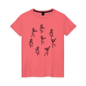 Женская футболка хлопок с принтом Кокопелли в Белгороде, 100% хлопок | прямой крой, круглый вырез горловины, длина до линии бедер, слегка спущенное плечо | божество | дудочка | индейцы | кокопелли | танец | человечек | человечки