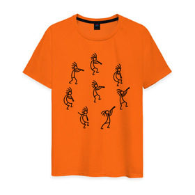 Мужская футболка хлопок с принтом Кокопелли в Белгороде, 100% хлопок | прямой крой, круглый вырез горловины, длина до линии бедер, слегка спущенное плечо. | божество | дудочка | индейцы | кокопелли | танец | человечек | человечки