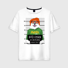 Женская футболка хлопок Oversize с принтом Плохой Корги в Белгороде, 100% хлопок | свободный крой, круглый ворот, спущенный рукав, длина до линии бедер
 | corgi | банда | бандит | гангстер | заключенный | корги | собака | собаки