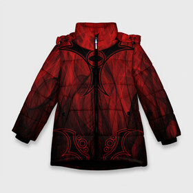 Зимняя куртка для девочек 3D с принтом Red-n-black okto в Белгороде, ткань верха — 100% полиэстер; подклад — 100% полиэстер, утеплитель — 100% полиэстер. | длина ниже бедра, удлиненная спинка, воротник стойка и отстегивающийся капюшон. Есть боковые карманы с листочкой на кнопках, утяжки по низу изделия и внутренний карман на молнии. 

Предусмотрены светоотражающий принт на спинке, радужный светоотражающий элемент на пуллере молнии и на резинке для утяжки. | okto | байкер | всевидящее око | геометрия | красный | мото | огонь | узор | чёрный