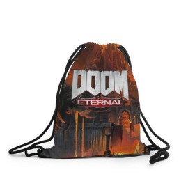 Рюкзак-мешок 3D с принтом DOOM Eternal в Белгороде, 100% полиэстер | плотность ткани — 200 г/м2, размер — 35 х 45 см; лямки — толстые шнурки, застежка на шнуровке, без карманов и подкладки | bethesda | dead | death | doom | doom eternal | game | games | metal | monster | ps4 | space | steam | xbox | дум | игра | космос | метал | меч | экшн