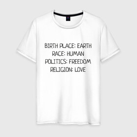 Мужская футболка хлопок с принтом Profile в Белгороде, 100% хлопок | прямой крой, круглый вырез горловины, длина до линии бедер, слегка спущенное плечо. | анкета | земля | любовь | надписи | раса | религия | рождение | свобода | человек
