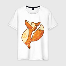 Мужская футболка хлопок с принтом Лисенок занимается йогой в Белгороде, 100% хлопок | прямой крой, круглый вырез горловины, длина до линии бедер, слегка спущенное плечо. | fox | гимнастика | йога | лис | лиса | лисенок | рыжая | упражнения