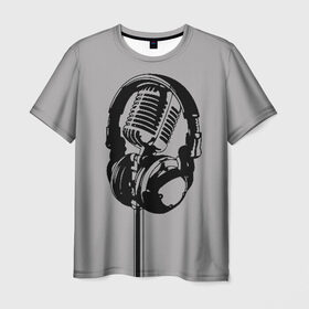 Мужская футболка 3D с принтом Микрофон в Белгороде, 100% полиэфир | прямой крой, круглый вырез горловины, длина до линии бедер | black | gray | headphones | microphone | music | music lover | sound | звук | меломан | микрофон | музыка | наушники | серый | черный