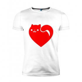 Мужская футболка премиум с принтом Love Cat в Белгороде, 92% хлопок, 8% лайкра | приталенный силуэт, круглый вырез ворота, длина до линии бедра, короткий рукав | animal | cat | cute | heart | kitty | meow | друг | животные | киска | китти | кот | котенок | котик | кошечка | кошка | лев | леопард | любовь | милый | мур | мышь | мяу | пантера | питомец | рысь | сердце | тигр | улыбка