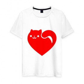 Мужская футболка хлопок с принтом Love Cat в Белгороде, 100% хлопок | прямой крой, круглый вырез горловины, длина до линии бедер, слегка спущенное плечо. | animal | cat | cute | heart | kitty | meow | друг | животные | киска | китти | кот | котенок | котик | кошечка | кошка | лев | леопард | любовь | милый | мур | мышь | мяу | пантера | питомец | рысь | сердце | тигр | улыбка