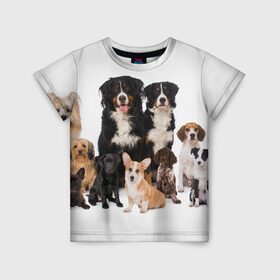Детская футболка 3D с принтом Породистые собаки в Белгороде, 100% гипоаллергенный полиэфир | прямой крой, круглый вырез горловины, длина до линии бедер, чуть спущенное плечо, ткань немного тянется | Тематика изображения на принте: animal | bernese | breed | bulldog | corgi | cute | dog | french | funny | jack | labrador | mountain dog | muzzle | paws | pug | puppy | spaniel | бернский | бульдог | джек рассел | животное | забавный | зенненхунд | корги | лабрадор | лапы | милый