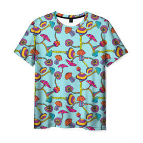 Мужская футболка 3D с принтом Грибы в Белгороде, 100% полиэфир | прямой крой, круглый вырез горловины, длина до линии бедер | blue | bright | cheerful | colorful | funny | green | mushroom | mushrooms | orange | pink | purple | yellow | веселый | грибы | желтый | зеленый | красочный | мухомор | оранжевый | прикольный | розовый | фиолетовый | яркий