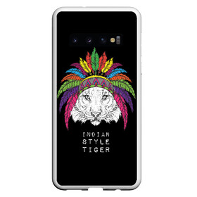 Чехол для Samsung Galaxy S10 с принтом Indian style tiger в Белгороде, Силикон | Область печати: задняя сторона чехла, без боковых панелей | animal | ethnic | feathers | multicolored | muzzle | predator | tiger | животное | перья | разноцветный | тигр | этнический