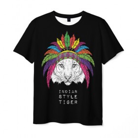 Мужская футболка 3D с принтом Indian style tiger в Белгороде, 100% полиэфир | прямой крой, круглый вырез горловины, длина до линии бедер | animal | ethnic | feathers | multicolored | muzzle | predator | tiger | животное | перья | разноцветный | тигр | этнический