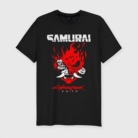 Мужская футболка премиум с принтом Cyberpunk 2077 в Белгороде, 92% хлопок, 8% лайкра | приталенный силуэт, круглый вырез ворота, длина до линии бедра, короткий рукав | cyberpunk | cyberpunk 2077 | samurai | игры | киану ривз | киберпанк | самурай