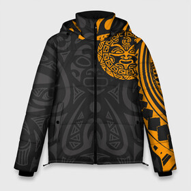 Мужская зимняя куртка 3D с принтом Polynesian tattoo в Белгороде, верх — 100% полиэстер; подкладка — 100% полиэстер; утеплитель — 100% полиэстер | длина ниже бедра, свободный силуэт Оверсайз. Есть воротник-стойка, отстегивающийся капюшон и ветрозащитная планка. 

Боковые карманы с листочкой на кнопках и внутренний карман на молнии. | Тематика изображения на принте: polynesian | tattoo | волна | геометрия | завитушка | маори | маска | орнамент. золото | полинезия | татуировка | татуха | трайбл | узор | черепаха | ящерица. солнце