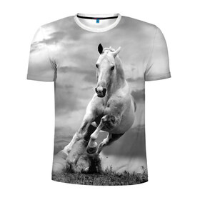 Мужская футболка 3D спортивная с принтом Белая лошадь в Белгороде, 100% полиэстер с улучшенными характеристиками | приталенный силуэт, круглая горловина, широкие плечи, сужается к линии бедра | animal | beautiful | gloss | horse | mane | mustang | muzzle | nature | white | wild | белый | грива | дикий | животное | конь | красивый | лоск | лошадь | мустанг | природа | скакун