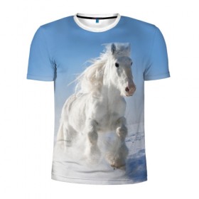Мужская футболка 3D спортивная с принтом Белый скакун в Белгороде, 100% полиэстер с улучшенными характеристиками | приталенный силуэт, круглая горловина, широкие плечи, сужается к линии бедра | animal | beautiful | gloss | horse | mane | mustang | muzzle | nature | snow | white | wild | winter | белый | грива | дикий | животное | зима | конь | красивый | лоск | лошадь | мустанг | природа | скакун | снег