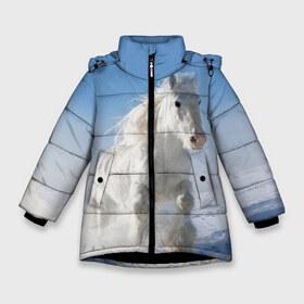 Зимняя куртка для девочек 3D с принтом Белый скакун в Белгороде, ткань верха — 100% полиэстер; подклад — 100% полиэстер, утеплитель — 100% полиэстер. | длина ниже бедра, удлиненная спинка, воротник стойка и отстегивающийся капюшон. Есть боковые карманы с листочкой на кнопках, утяжки по низу изделия и внутренний карман на молнии. 

Предусмотрены светоотражающий принт на спинке, радужный светоотражающий элемент на пуллере молнии и на резинке для утяжки. | animal | beautiful | gloss | horse | mane | mustang | muzzle | nature | snow | white | wild | winter | белый | грива | дикий | животное | зима | конь | красивый | лоск | лошадь | мустанг | природа | скакун | снег