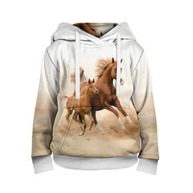 Детская толстовка 3D с принтом Лошадь с жеребенком в Белгороде, 100% полиэстер | двухслойный капюшон со шнурком для регулировки, мягкие манжеты на рукавах и по низу толстовки, спереди карман-кенгуру с мягким внутренним слоем | animal | baby | beautiful | brown | desert | foal | horse | mustang | nature | wild | дикий | жеребенок | животное | конь | коричневый | красивый | лошадь | малыш | мустанг | природа | пустыня | скакун