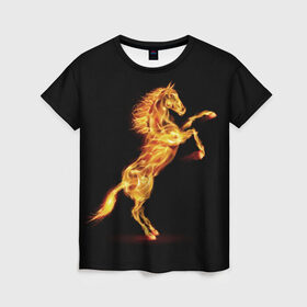 Женская футболка 3D с принтом Огненная лошадь в Белгороде, 100% полиэфир ( синтетическое хлопкоподобное полотно) | прямой крой, круглый вырез горловины, длина до линии бедер | animal | beautiful | black | fiery | fire | hooves | horse | mane | wild | грива | дикий | животное | конь | копыта | красивый | лошадь | огненный | огонь | скакун | черный
